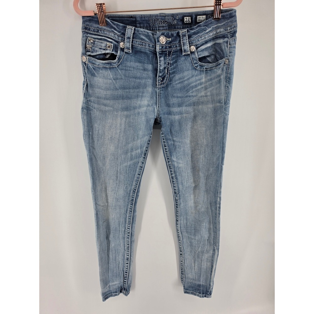 Miss Me Easy Skinny Jeans Mid-Rise Wing Pockets Blue Denim JE3042ESR 28